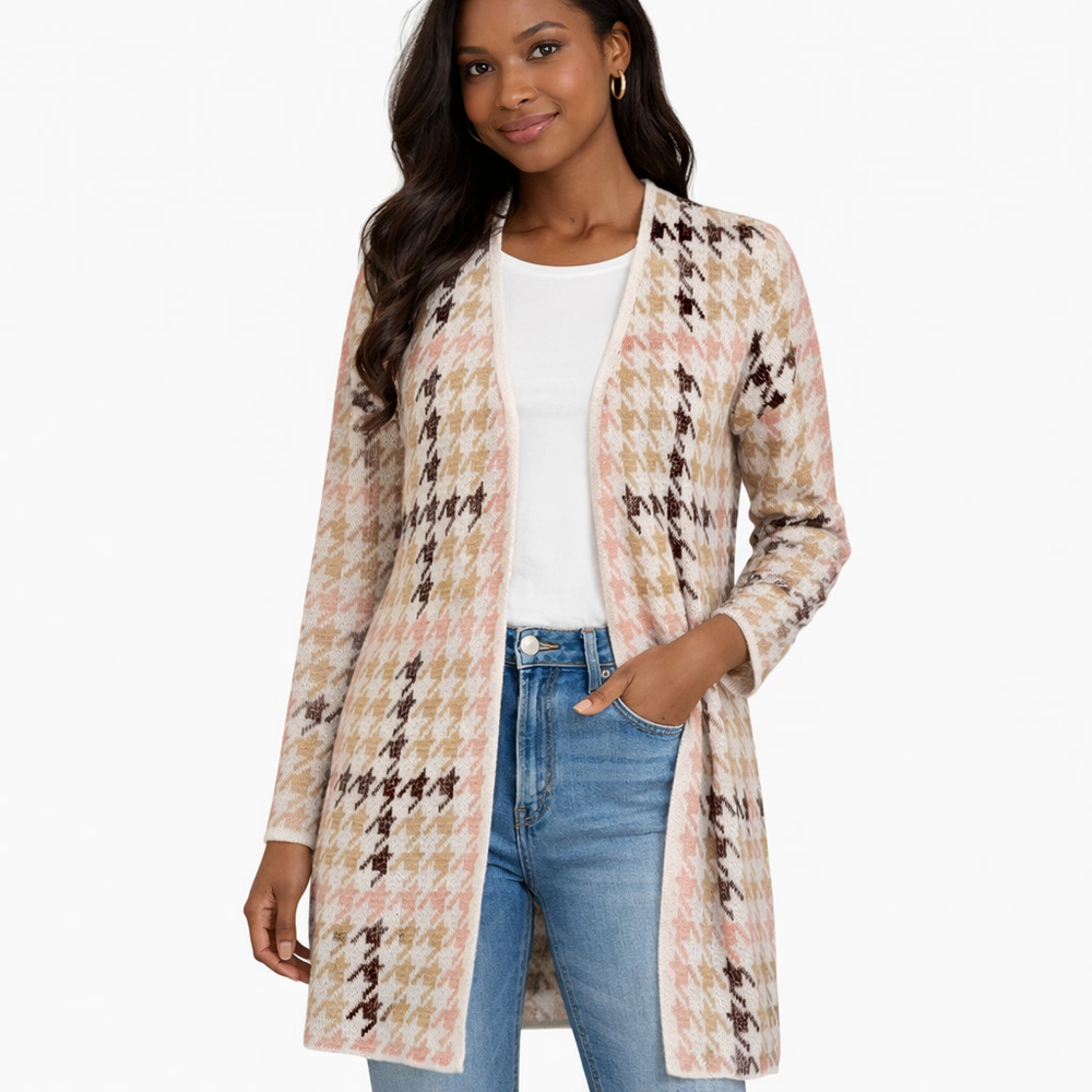Kempson Houndstooth Open Front Cardigan M Beige Pink Brown NWT